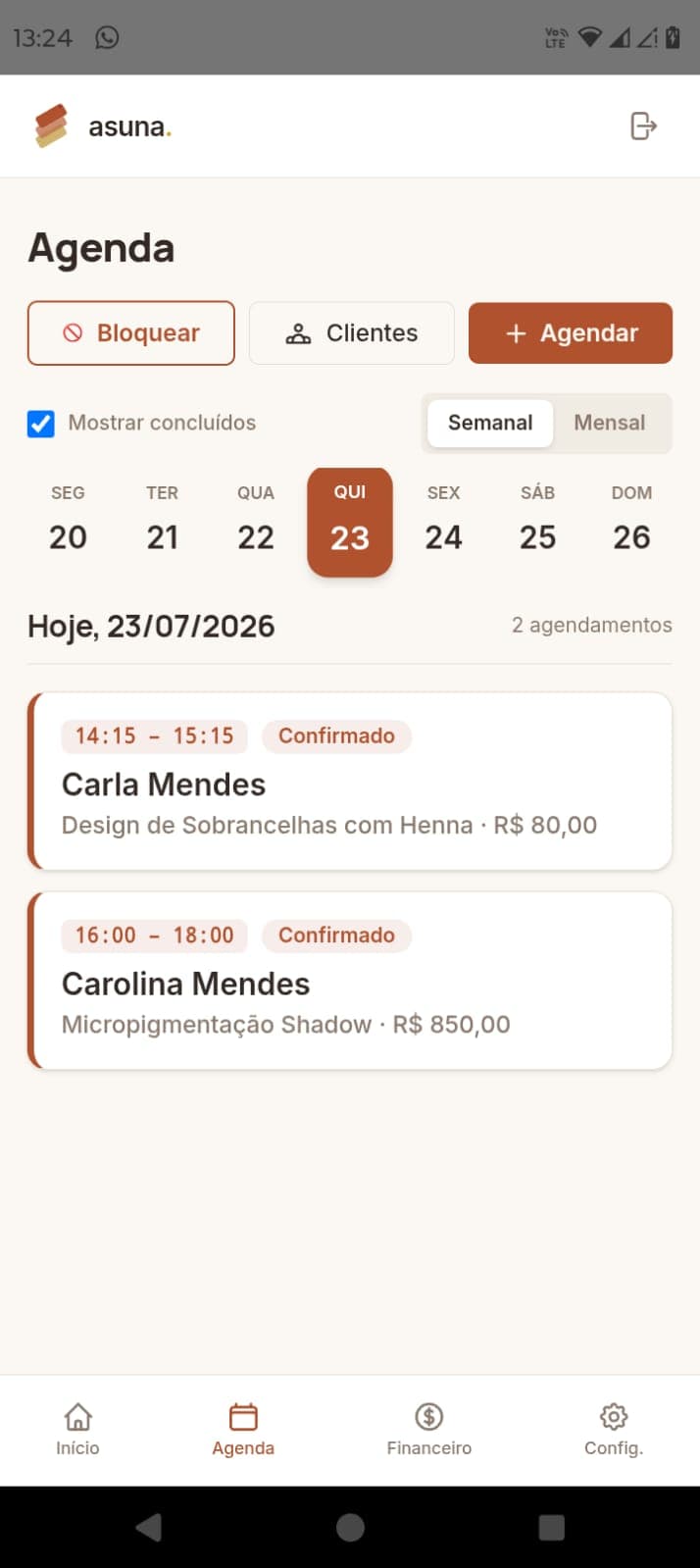Agenda de atendimentos - tela 1